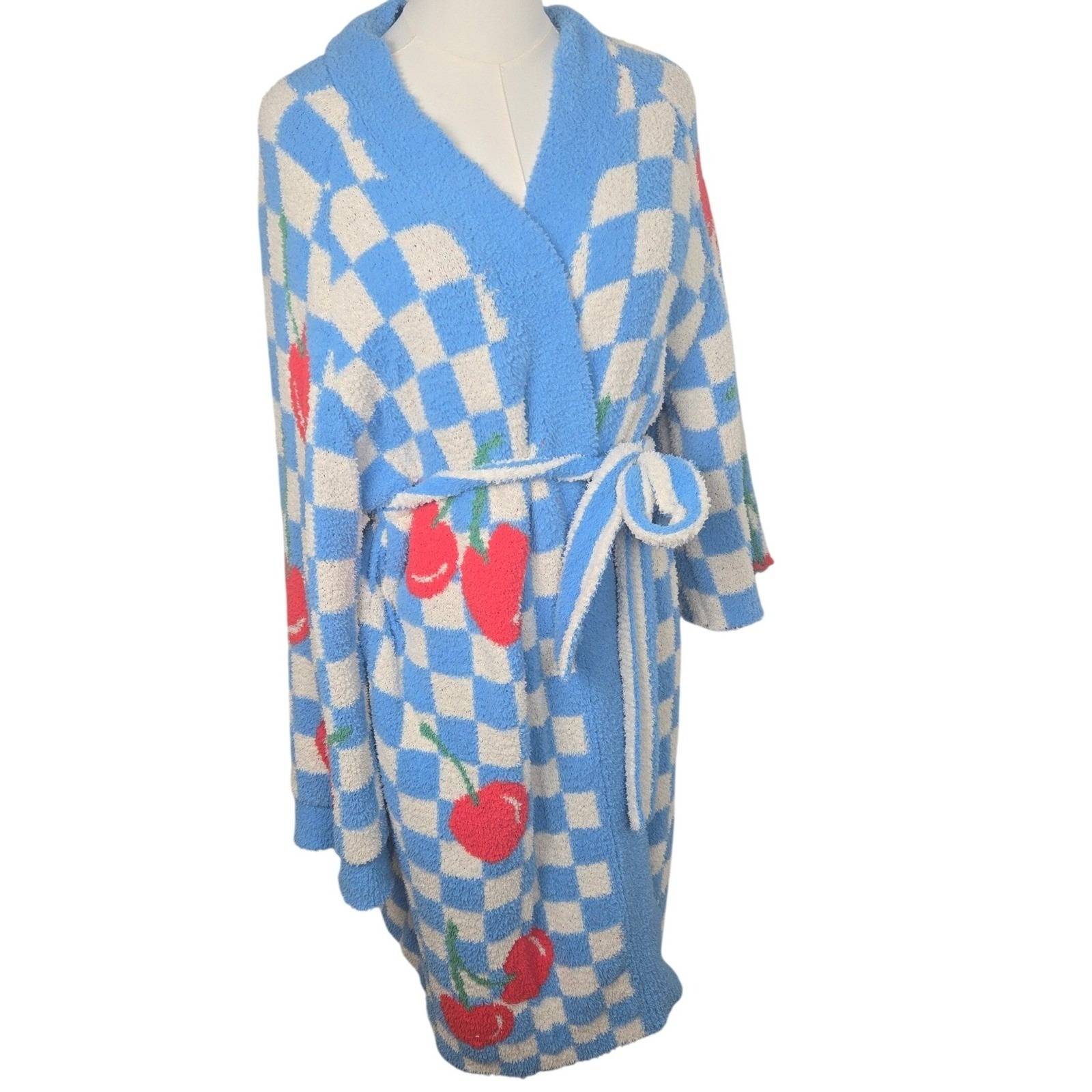 Wiggle Wiggle Cherry Gingham Bathrobe Viral Cozy Lounge Robe 3/4 *Sleeve Altered
